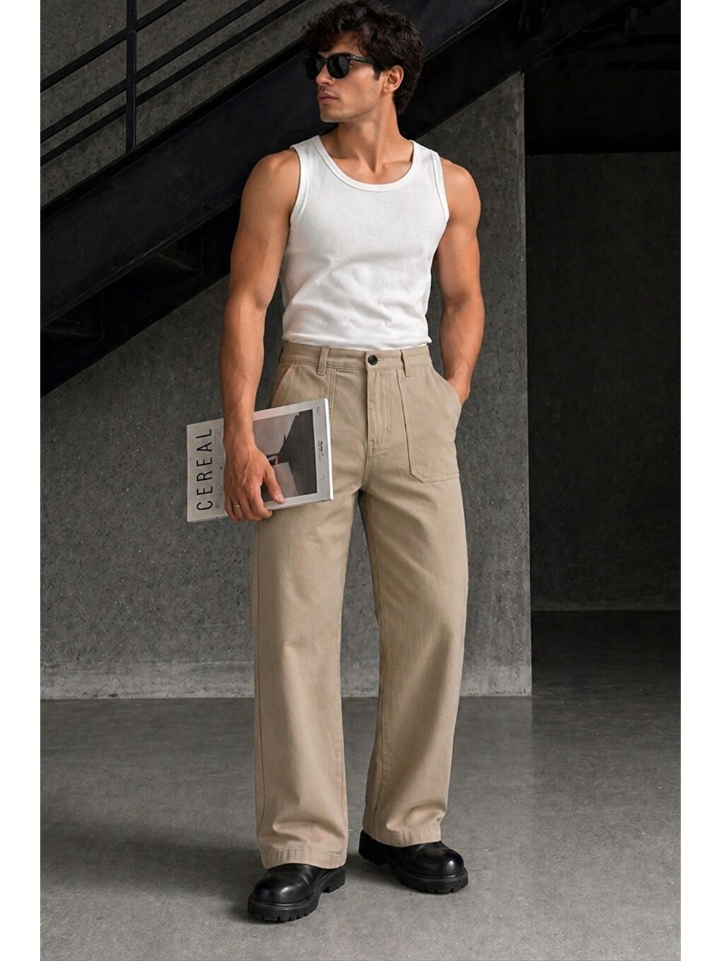 Bej Erkek Baggy Fit Old Money Cep Detaylı Pantolon-2