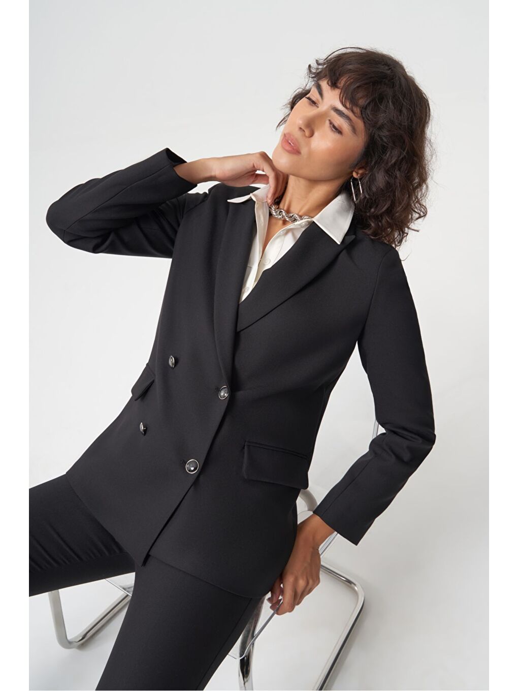 MZL Siyah Oversize Kruvaze  Blazer Ceket-3