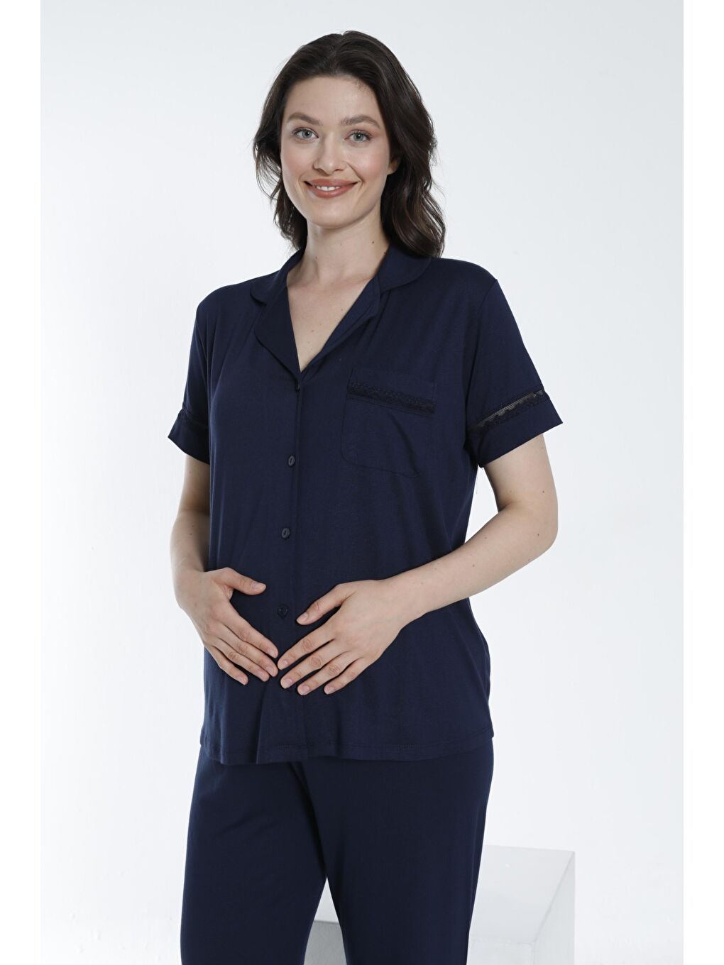 Lacivert Önden Düğmeli Dantel Detaylı Hamile ve Lohusa Pijama Takımı-5