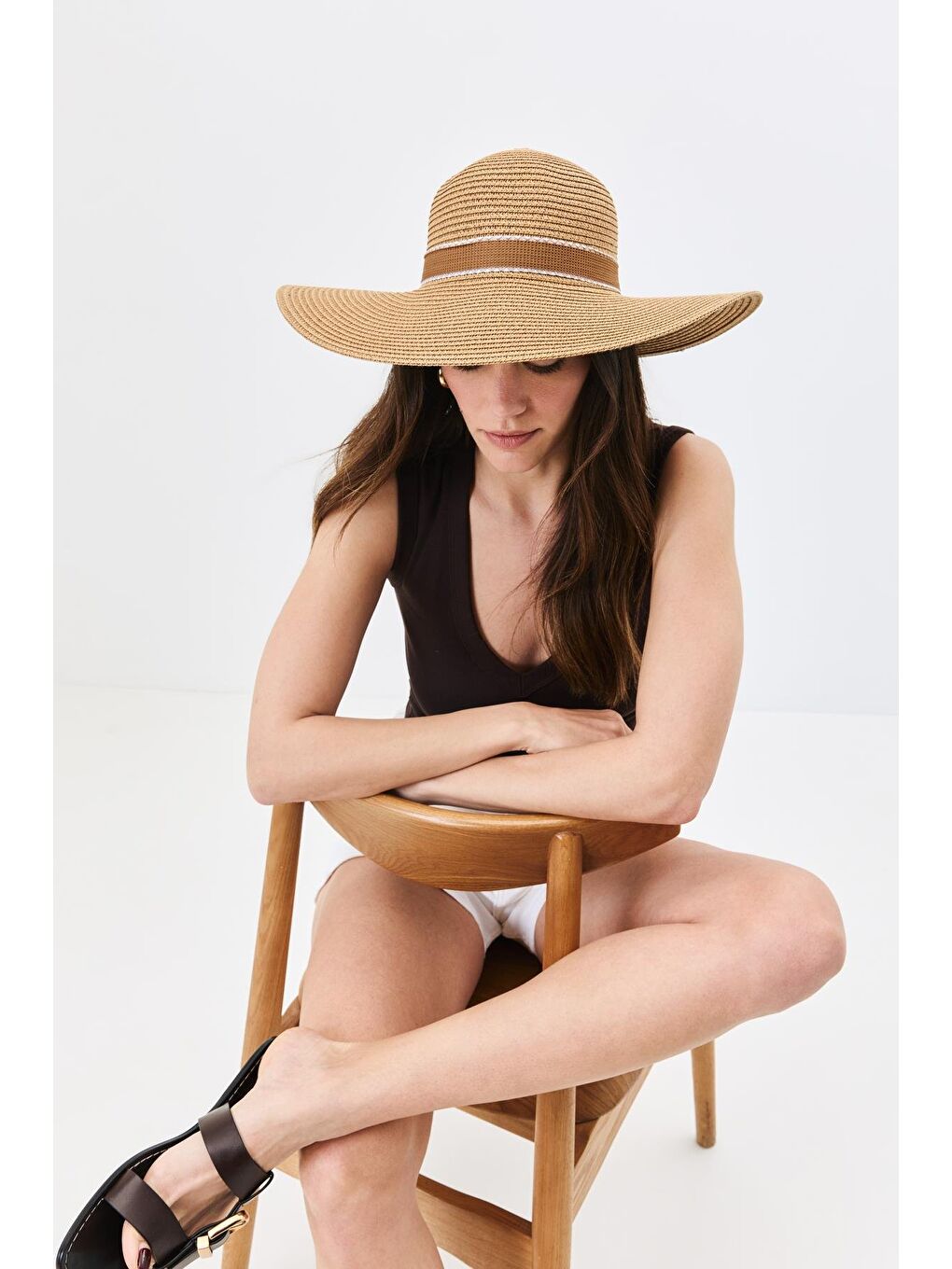 Bej Geniş Kenar Hasır Plaj Şapkası Y25730-04 Vizon-2