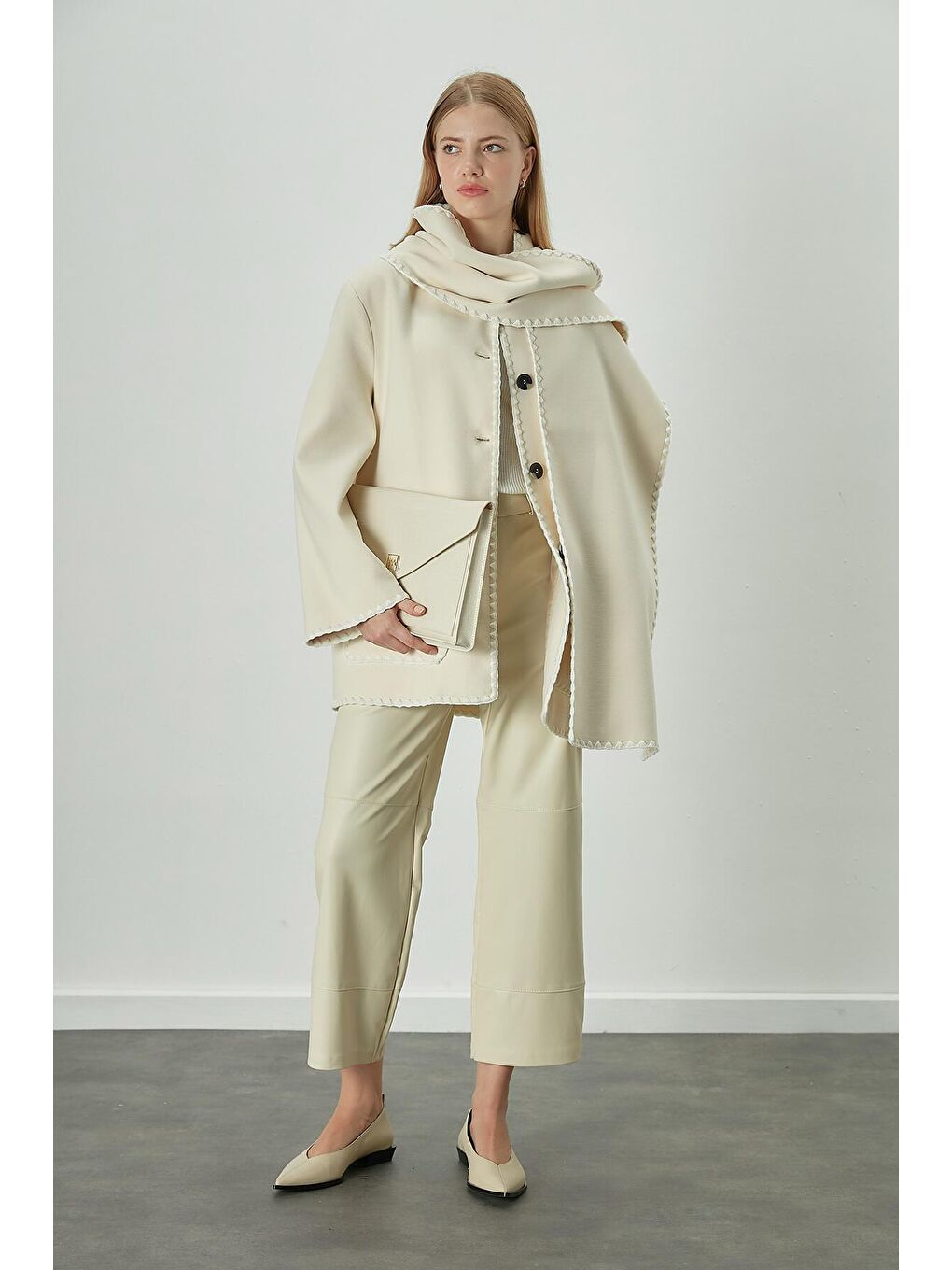 Bej Deri Flare Paça Pantolon Vanilya-1