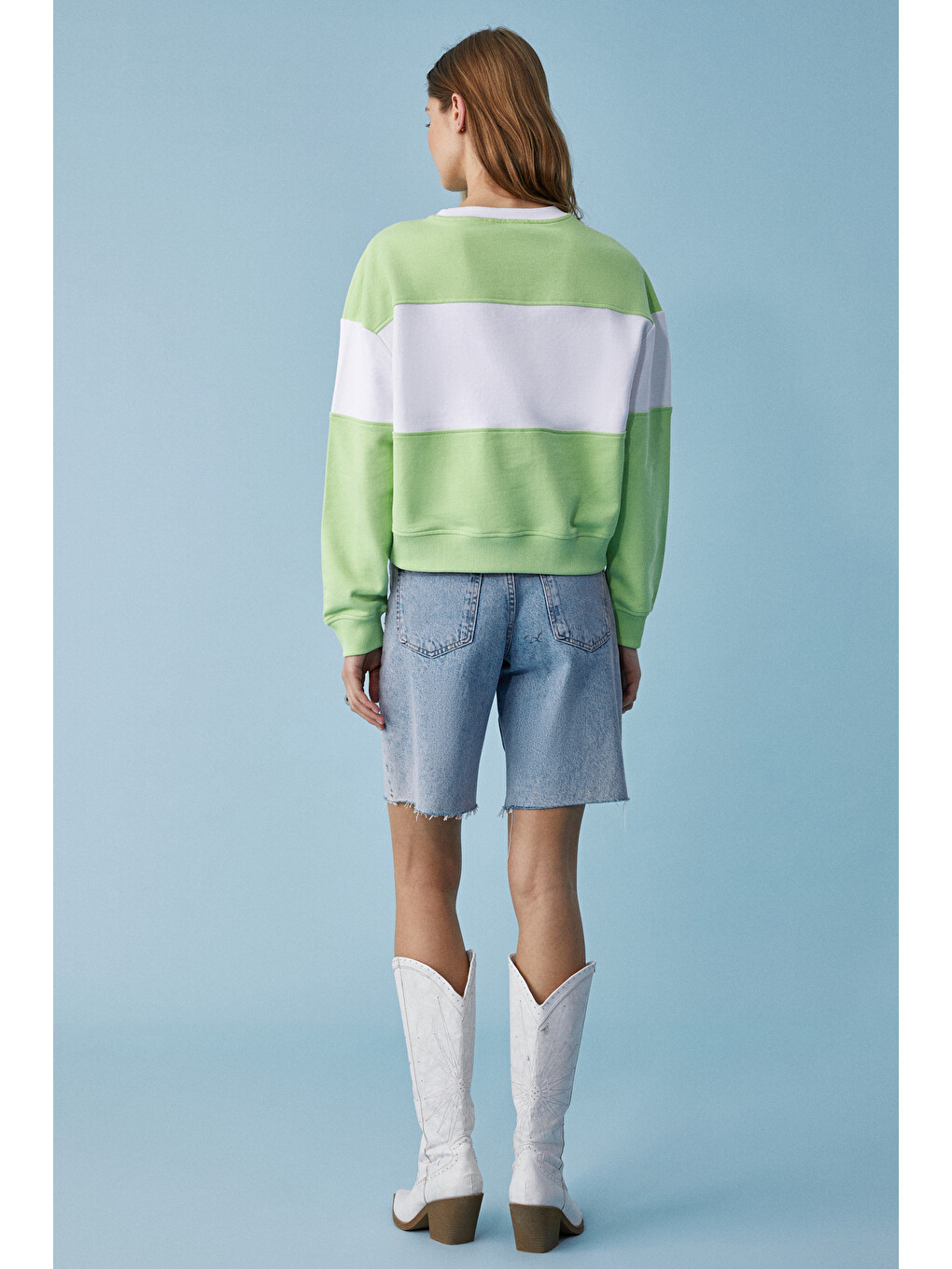 Payne Kadın Bisiklet Yaka Oversize Beyaz-yeşil Sweatshirt-4