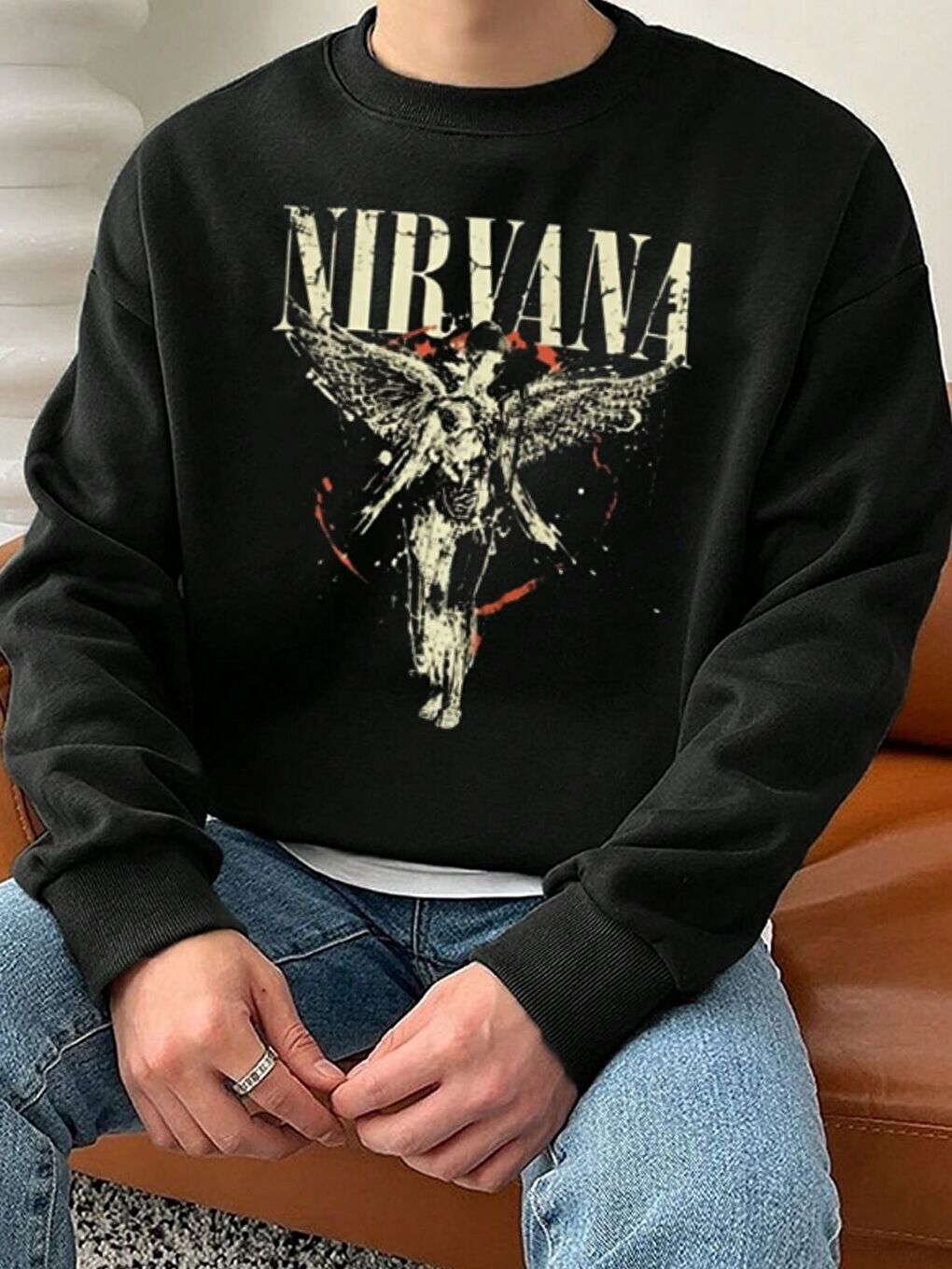Erkek Siyah Nirvana Rock Baskılı Bisiklet Yaka Regular Sweatshirt