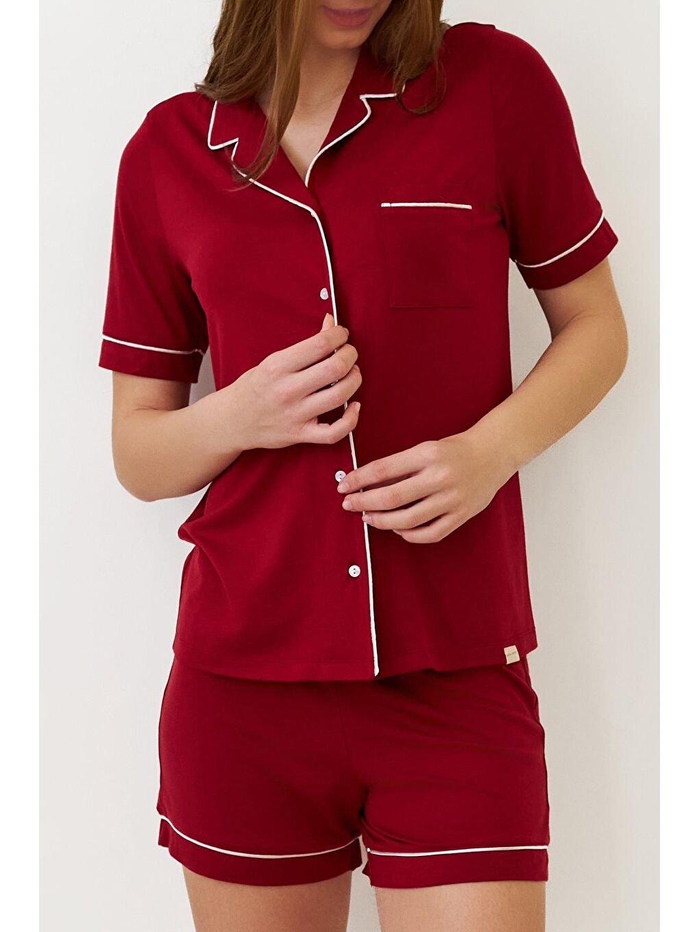 Kadın Luxury Düğmeli Şortlu Pijama Takımı Bordo-1