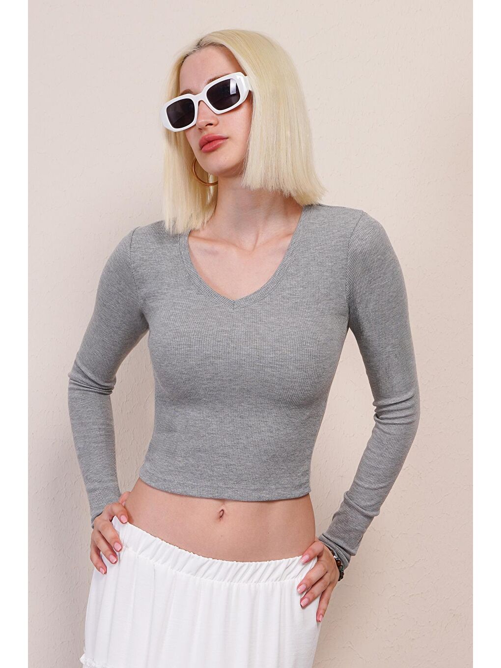 Gri V Yaka Uzun Kollu Kaşkorse Body Mg2192-1