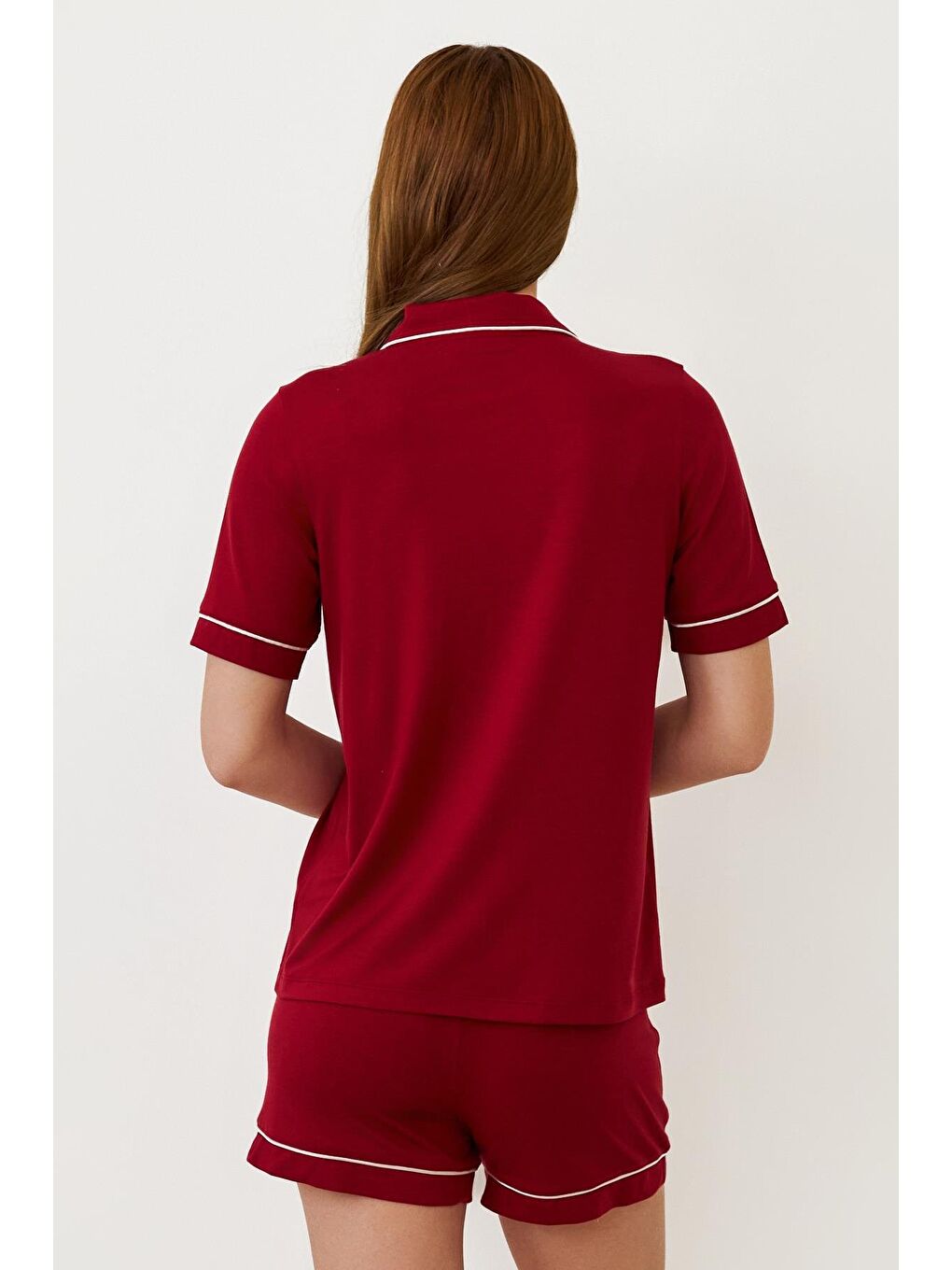 Kadın Luxury Düğmeli Şortlu Pijama Takımı Bordo-2