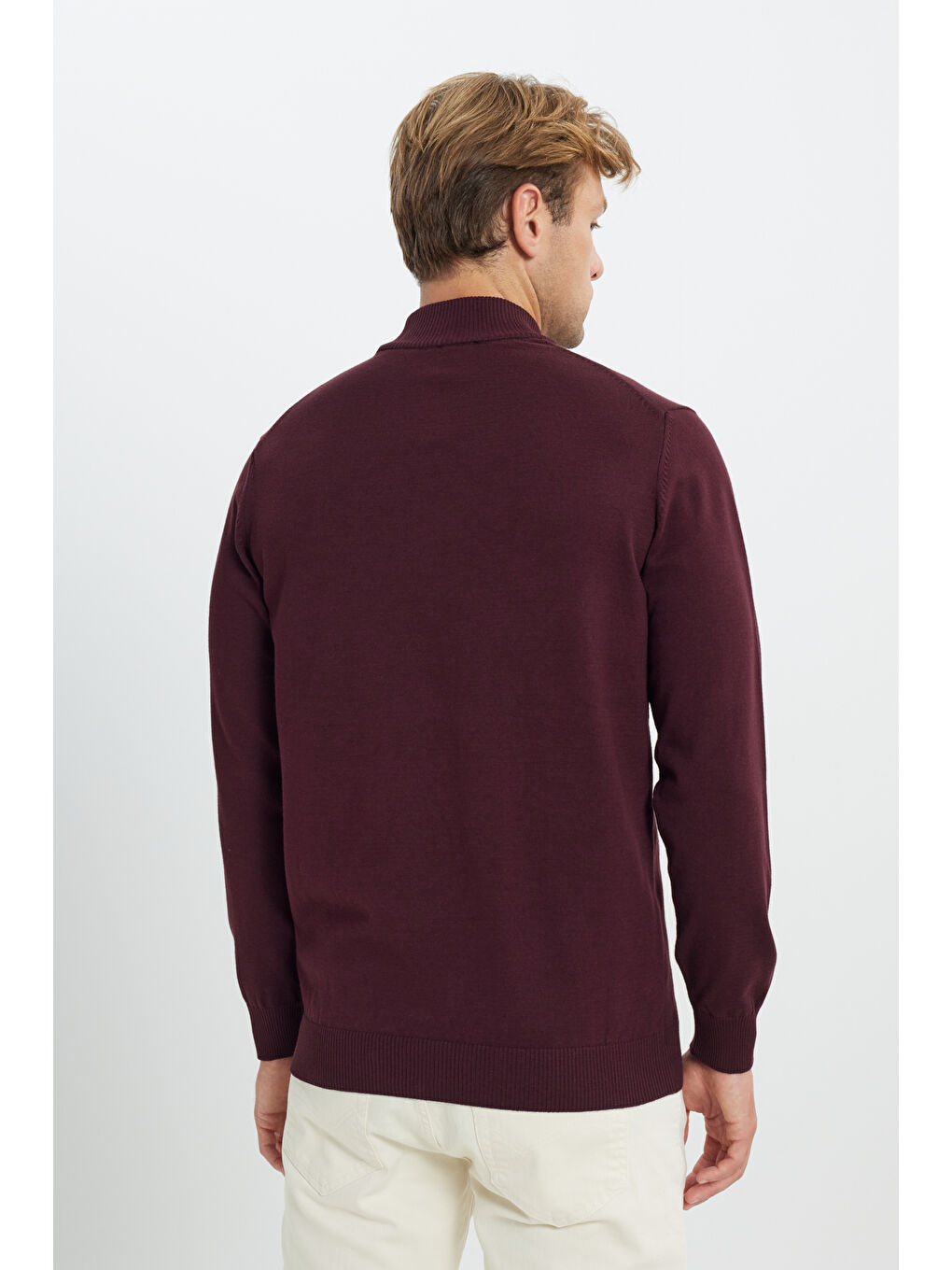 Erkek Bordo Pamuklu Standart Fit Normal Kesim Yarım Balıkçı Yaka Triko Kazak-4