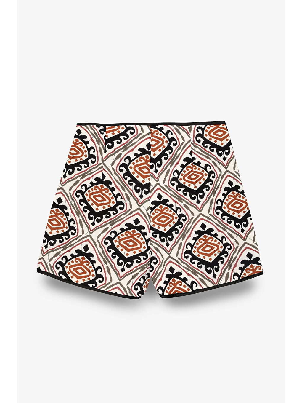 Etnik Desenli Biye Detaylı Kapitone Mini Şort Etek Ekru-2