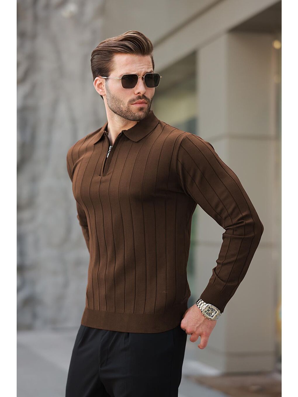 Bej Vizon Polo Yaka Fermuarlı Örme Kazak-1