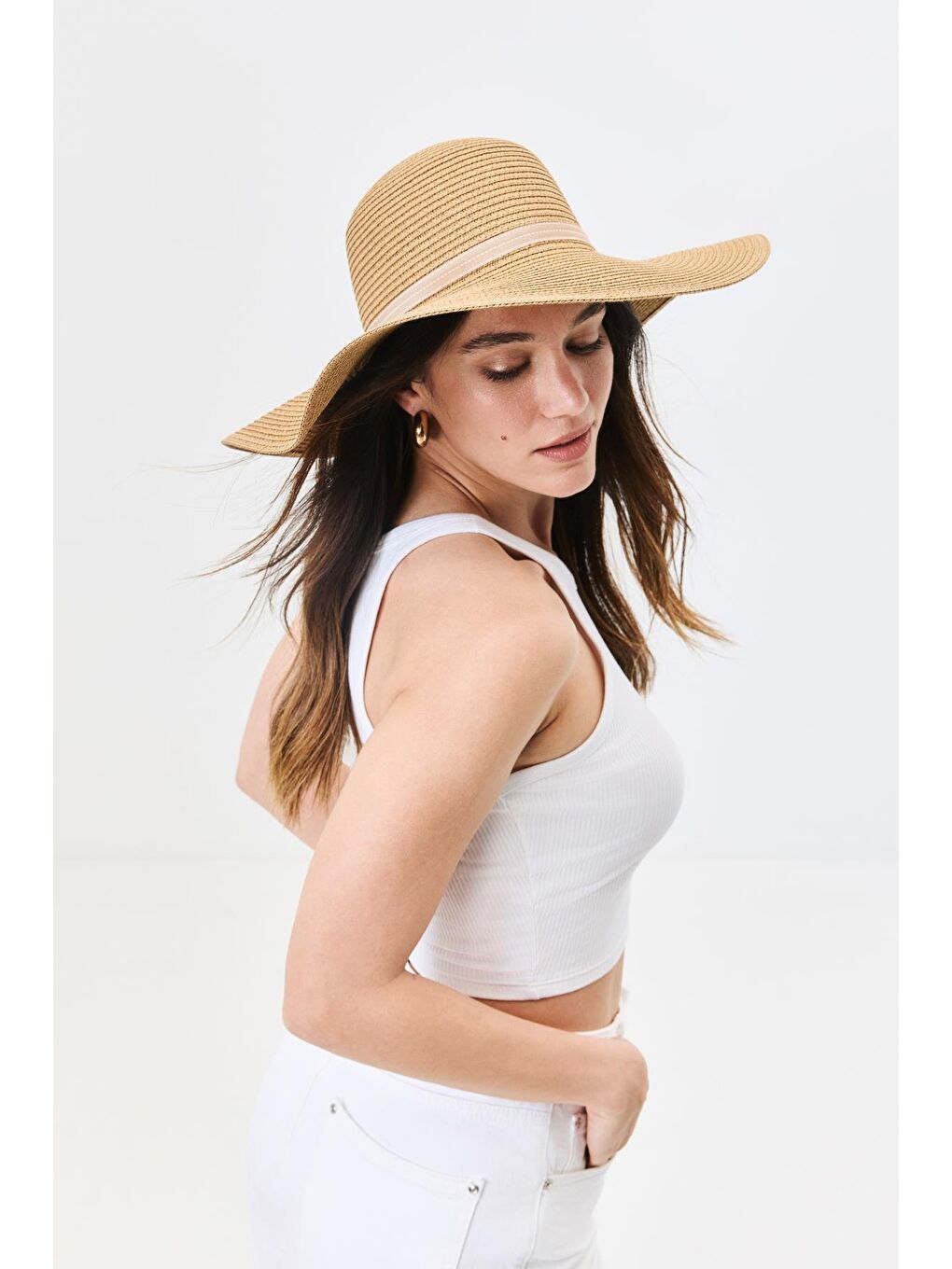 Bej Geniş Kenar Hasır Plaj Şapkası Y25730-02 Vizon-1