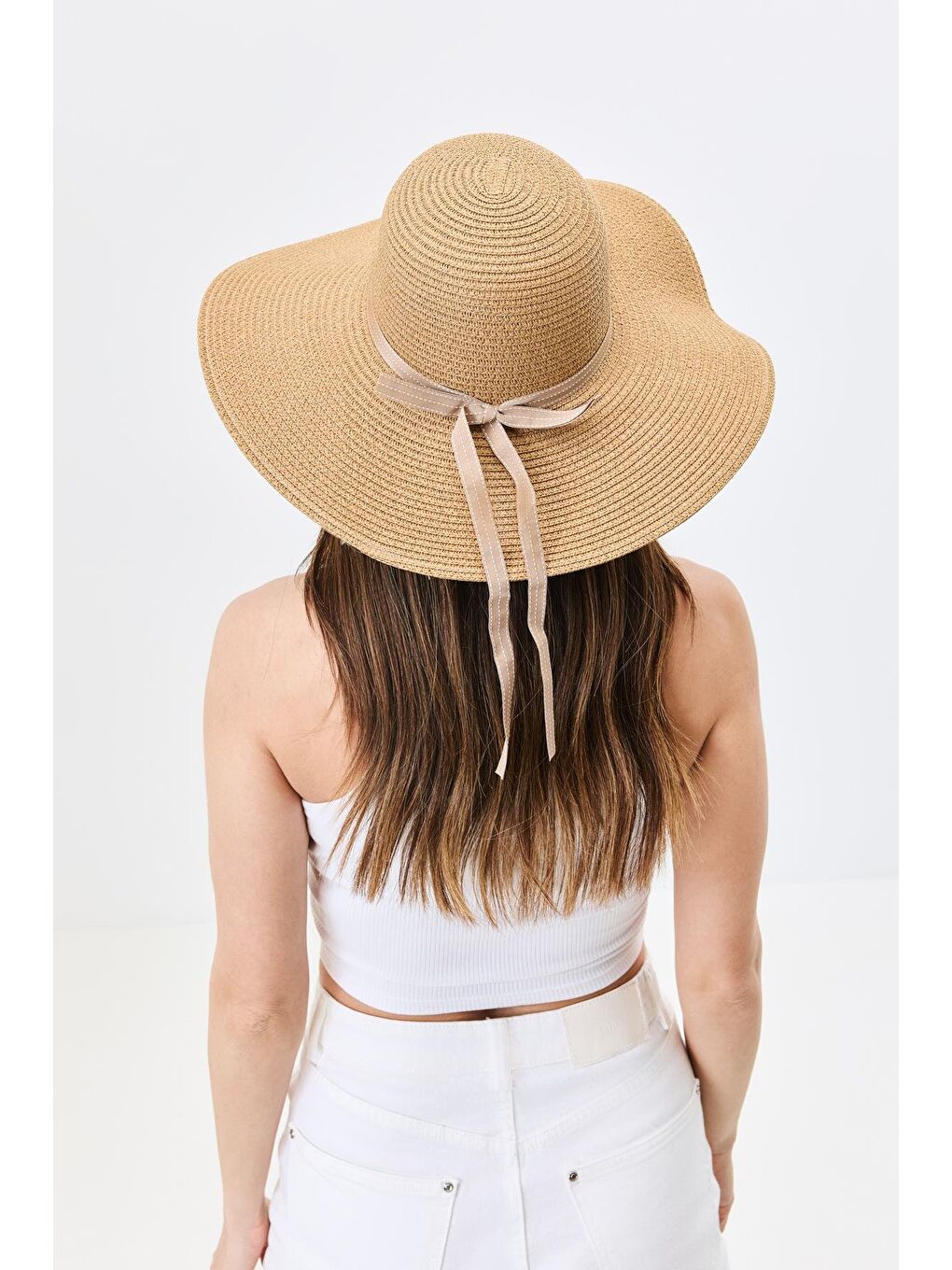 Bej Geniş Kenar Hasır Plaj Şapkası Y25730-02 Vizon-2