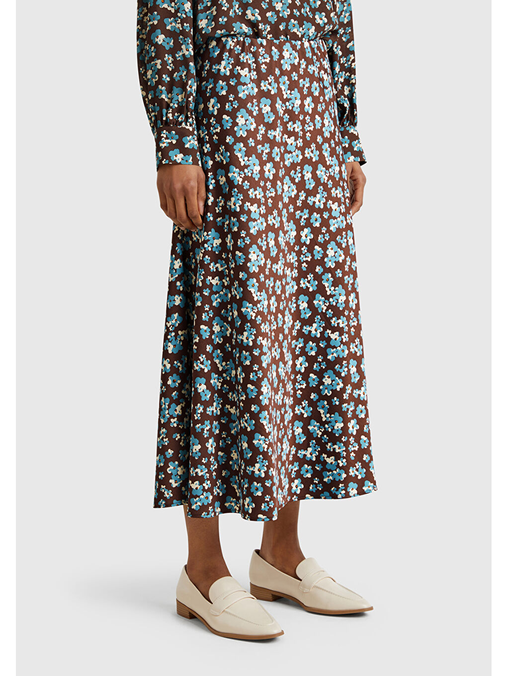 Kadın Kahverengi Viskoz Karışımlı Desenli Uzun Etek