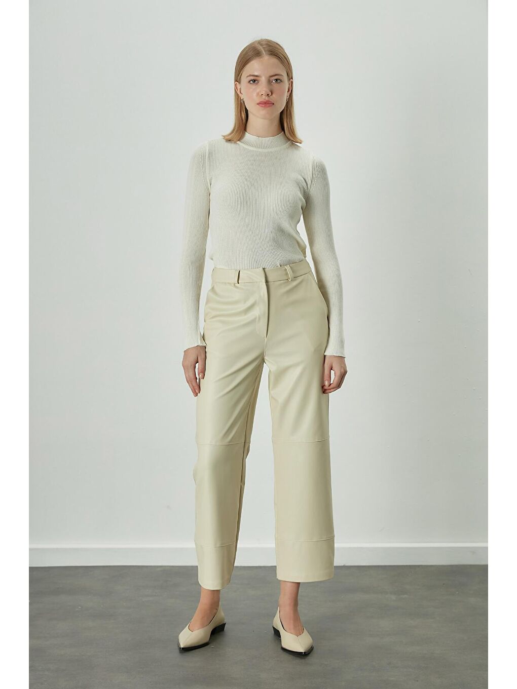 Bej Deri Flare Paça Pantolon Vanilya-2