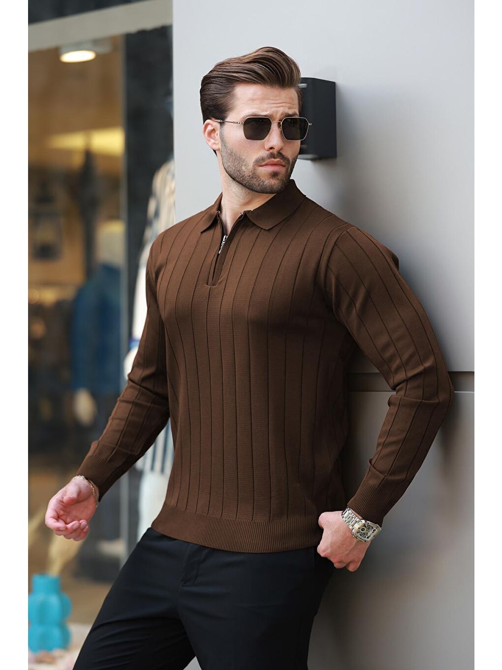 Bej Vizon Polo Yaka Fermuarlı Örme Kazak-2