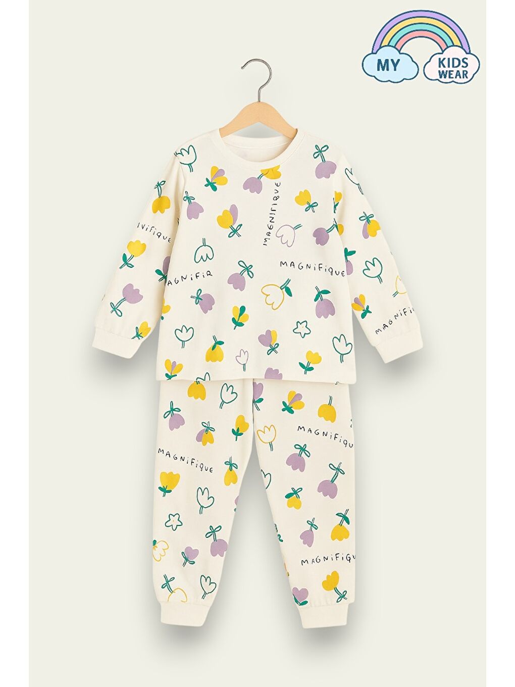 Beyaz Çocuk Pamuklu Desenli İkili Pijama Takımı 4-8 Yaş 12232