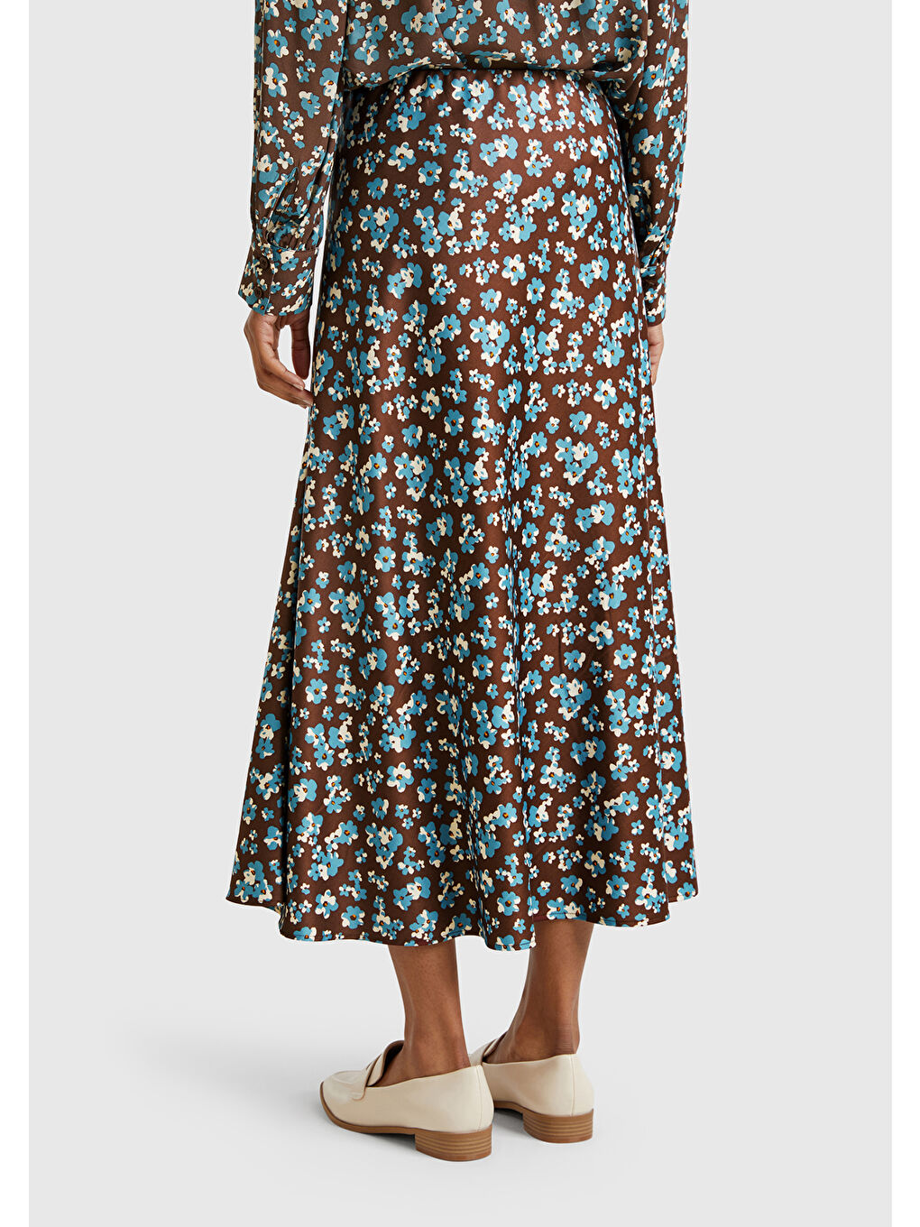 Kadın Kahverengi Viskoz Karışımlı Desenli Uzun Etek-2