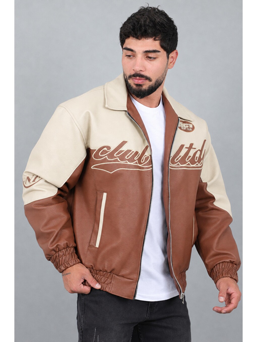 Kahverengi Baskılı Çift Renk Oversize Suni Deri Mont Kmd 882_50531