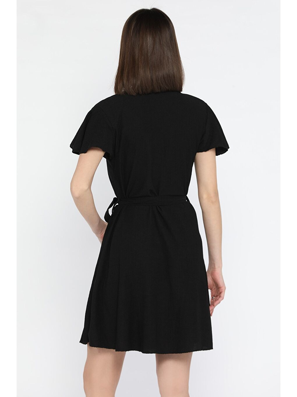 Siyah Kruvaze Yaka Bel Bağcıklı Kadın Elbise-2