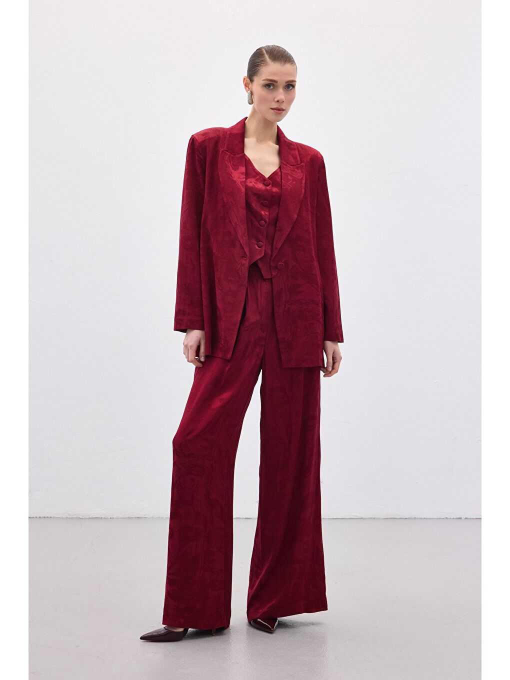 Jakarlı Bol Pantolon - Bordo