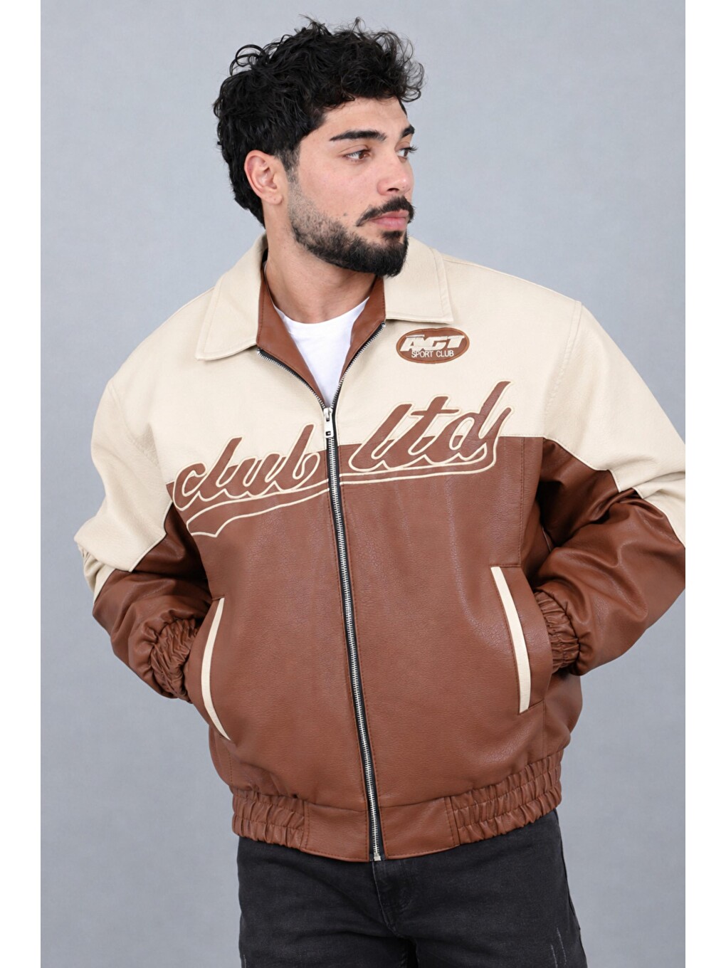 Kahverengi Baskılı Çift Renk Oversize Suni Deri Mont Kmd 882_50531-1