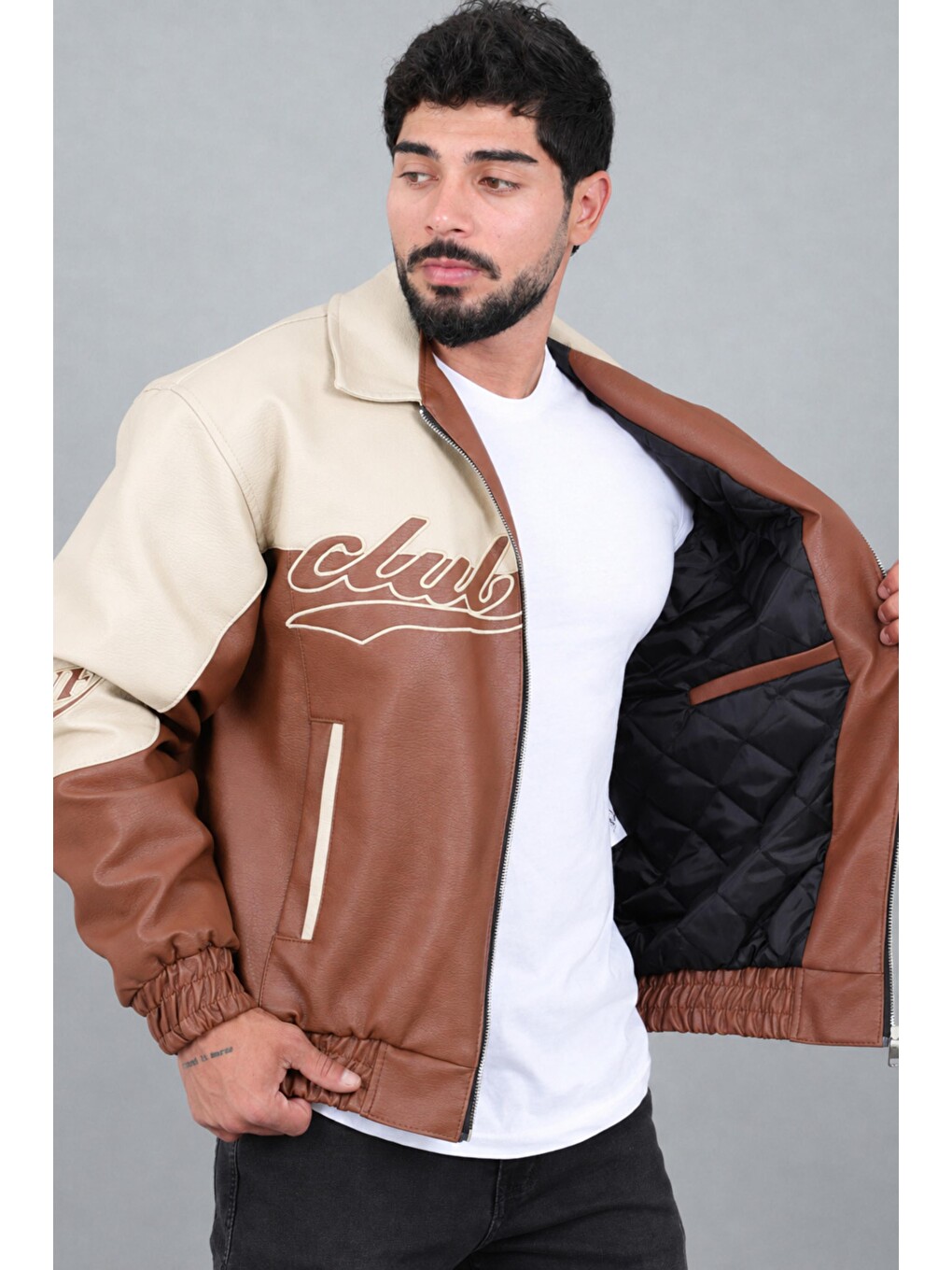 Kahverengi Baskılı Çift Renk Oversize Suni Deri Mont Kmd 882_50531-2