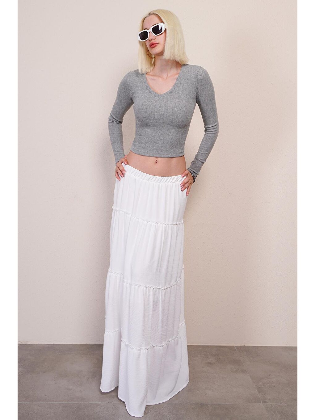 Gri V Yaka Uzun Kollu Kaşkorse Body Mg2192-3