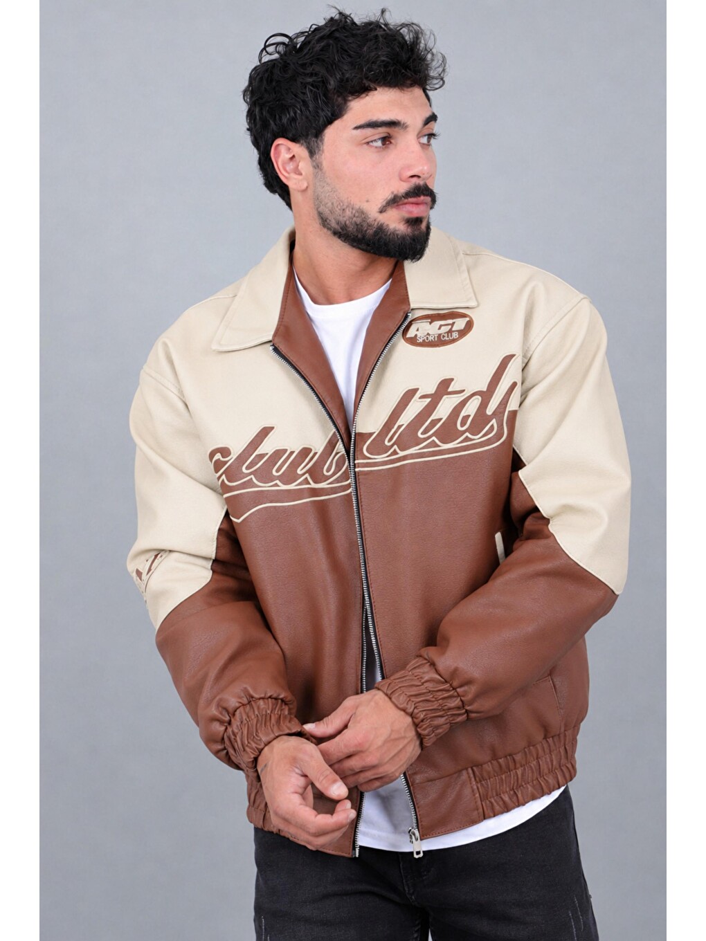 Kahverengi Baskılı Çift Renk Oversize Suni Deri Mont Kmd 882_50531-3