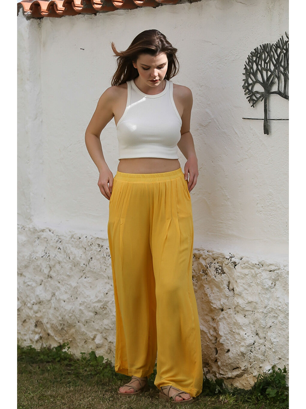 Sarı Cepli İnce Astarlı Çift Katlı Pileli Lastikli Bel Casual Dokuma Pantolon 108 60-2