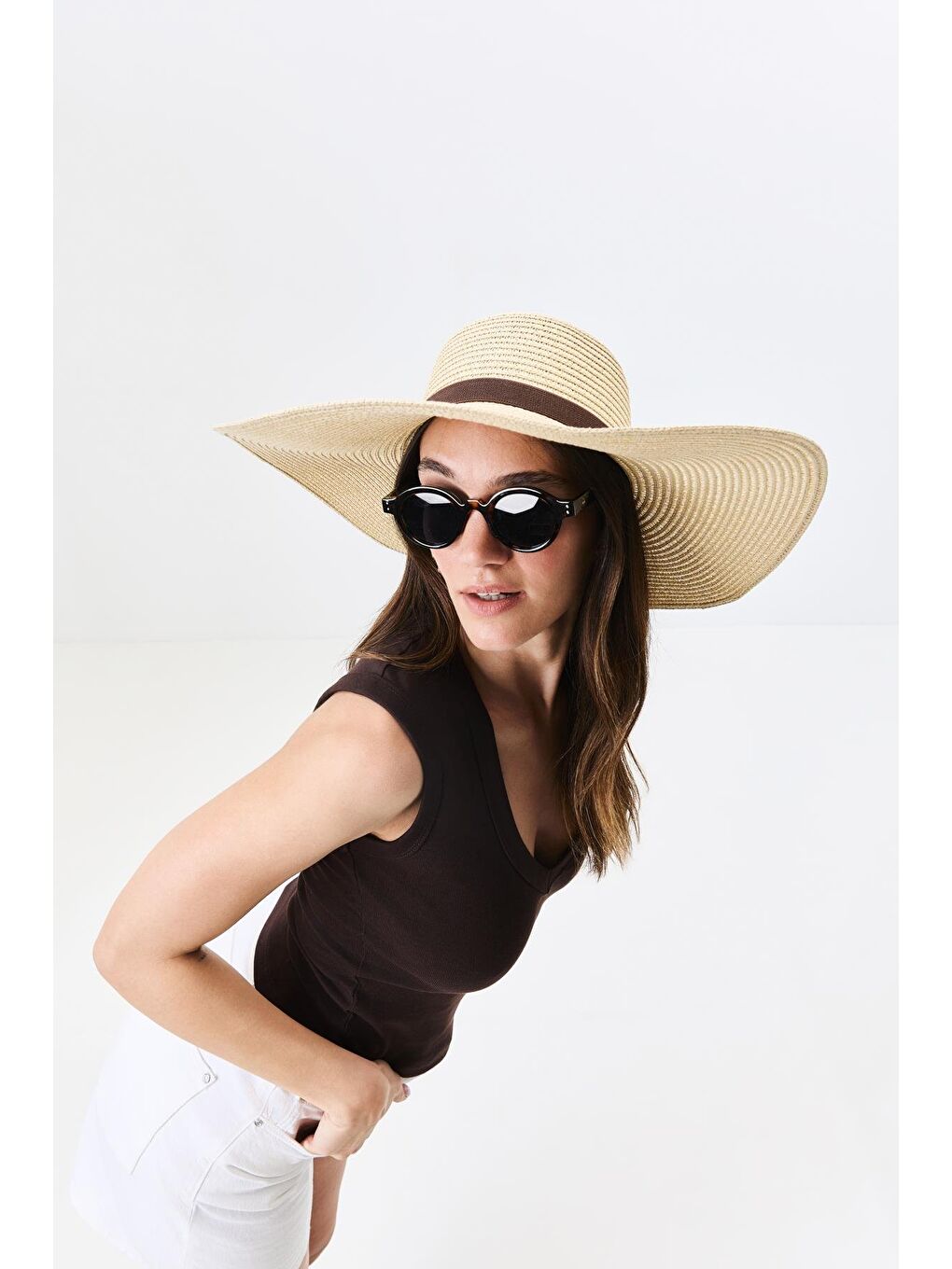 Geniş Kenar Hasır Plaj Şapkası Y25730-08 Bej