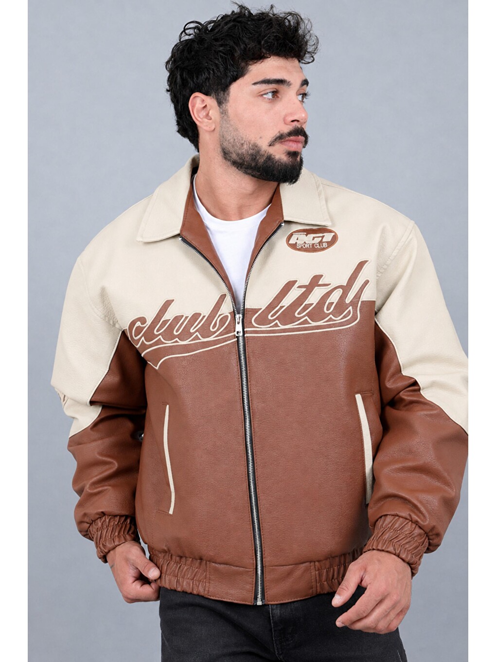 Kahverengi Baskılı Çift Renk Oversize Suni Deri Mont Kmd 882_50531-4