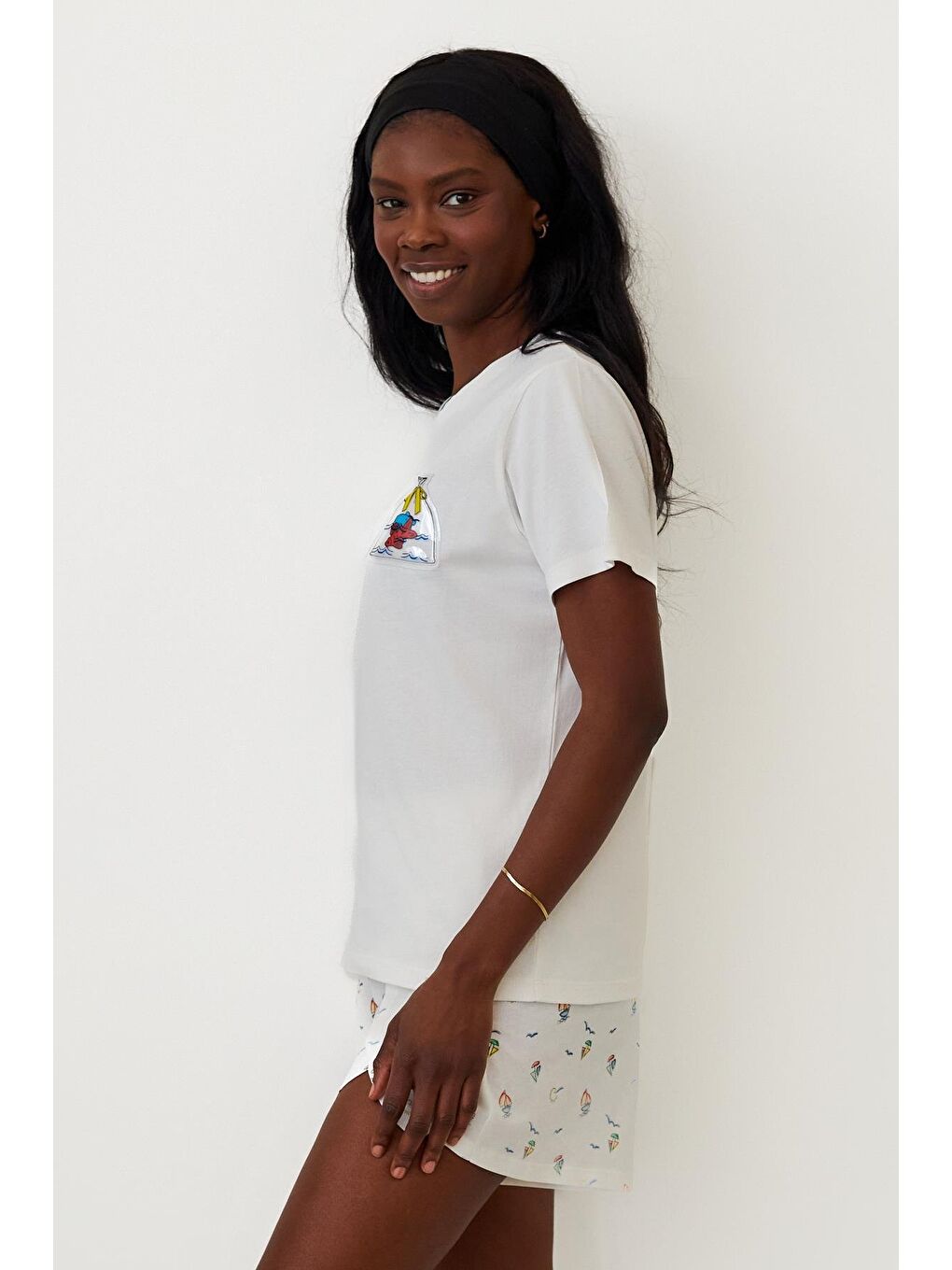 Kadın Seageo Balıklı Şortlu Pijama Takımı Ekru-1