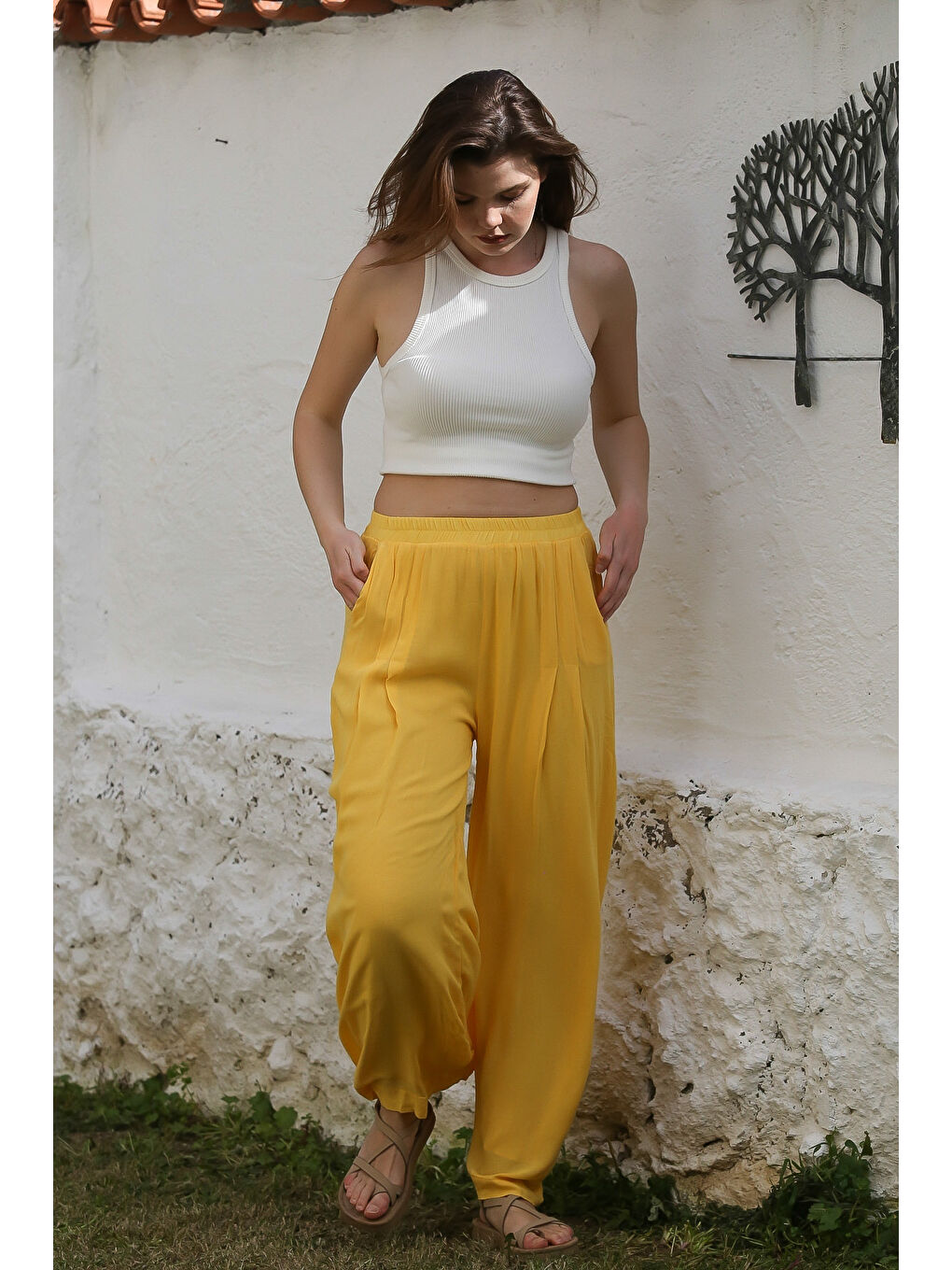 Sarı Cepli İnce Astarlı Çift Katlı Pileli Lastikli Bel Casual Dokuma Pantolon 108 60-3