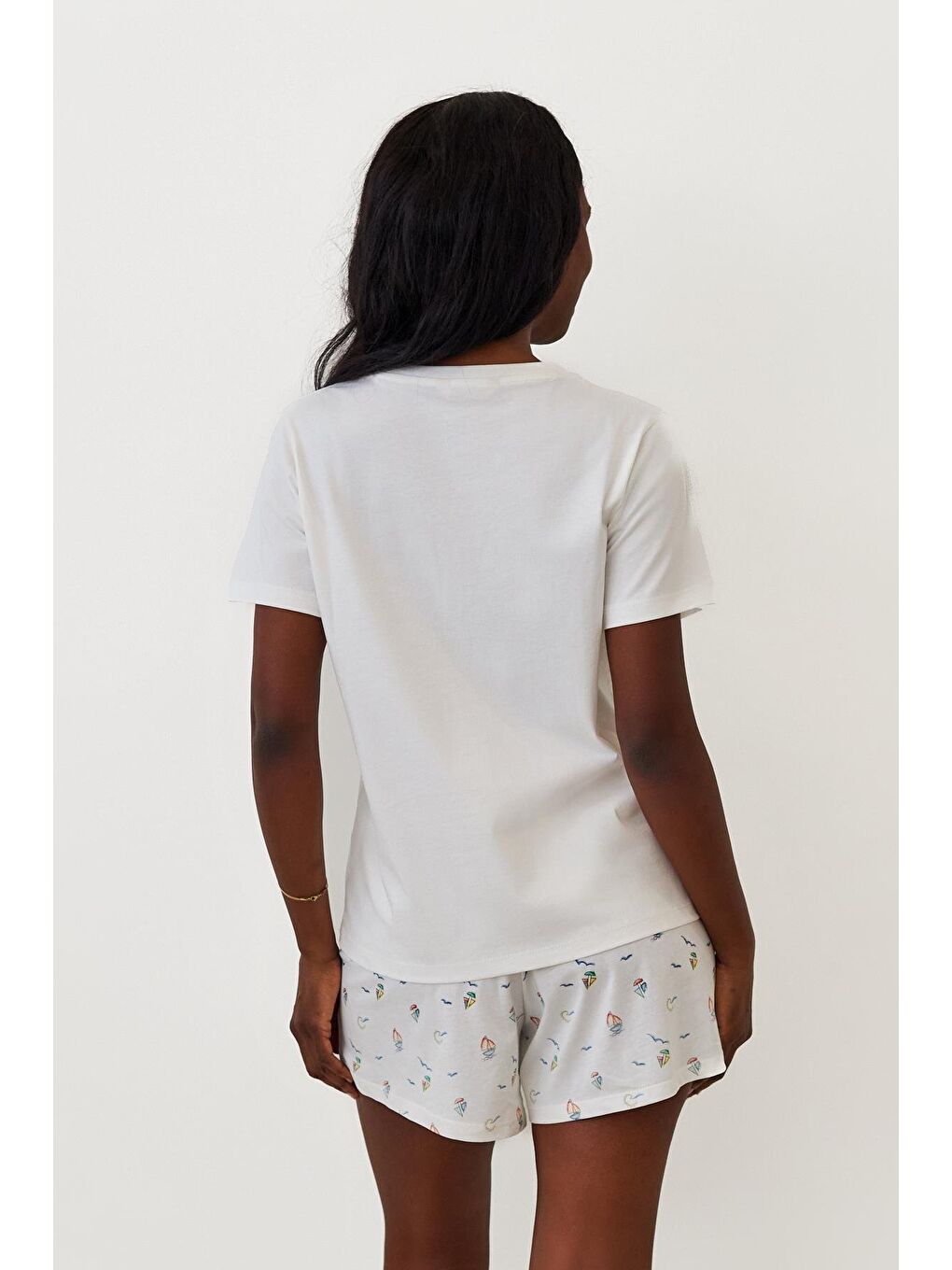 Kadın Seageo Balıklı Şortlu Pijama Takımı Ekru-2
