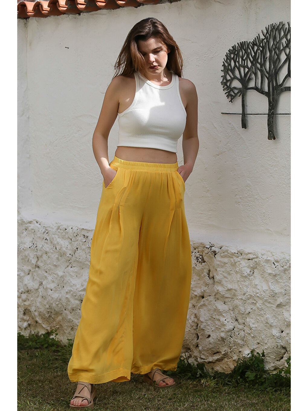 Sarı Cepli İnce Astarlı Çift Katlı Pileli Lastikli Bel Casual Dokuma Pantolon 108 60-4