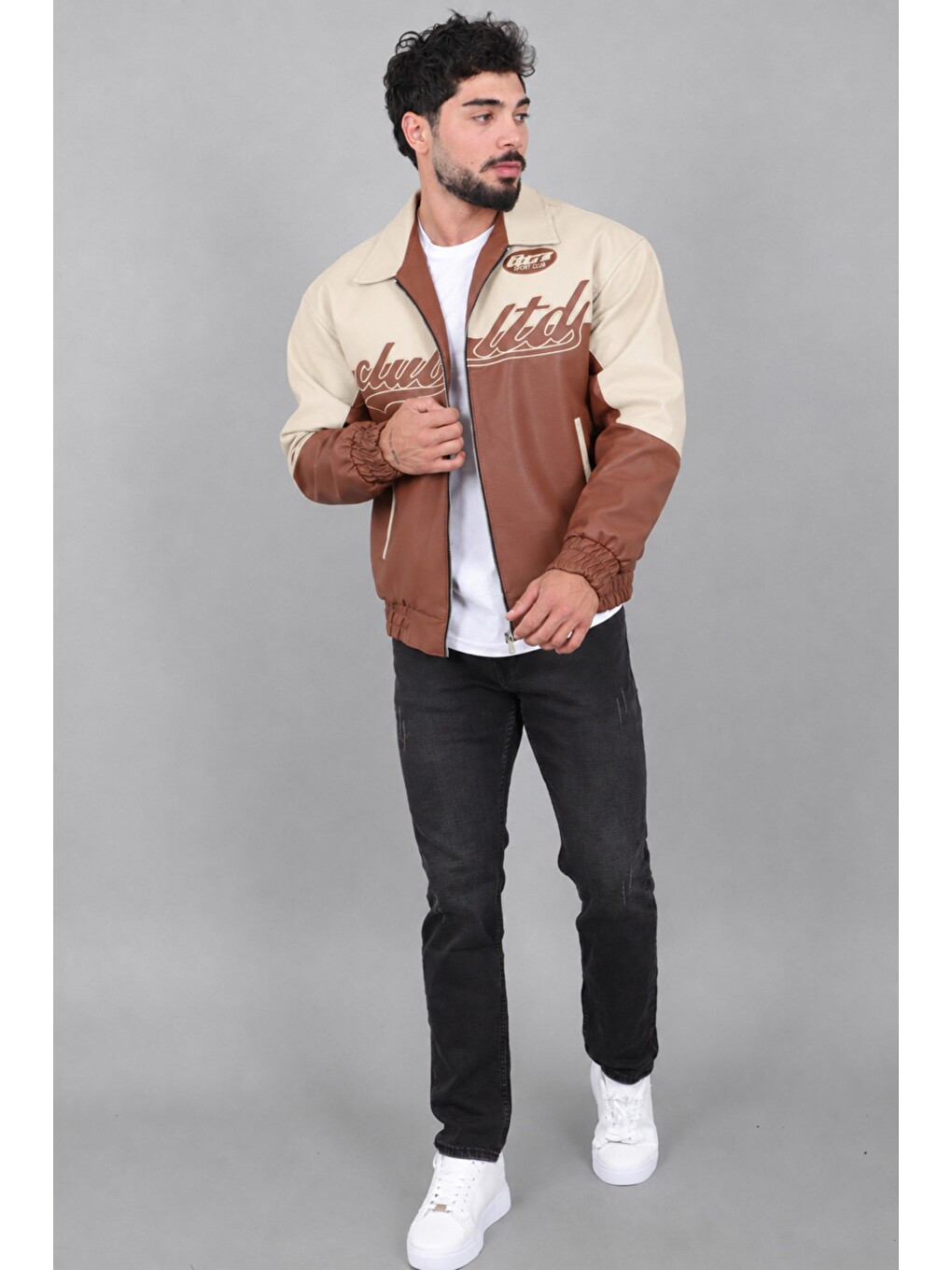 Kahverengi Baskılı Çift Renk Oversize Suni Deri Mont Kmd 882_50531-5