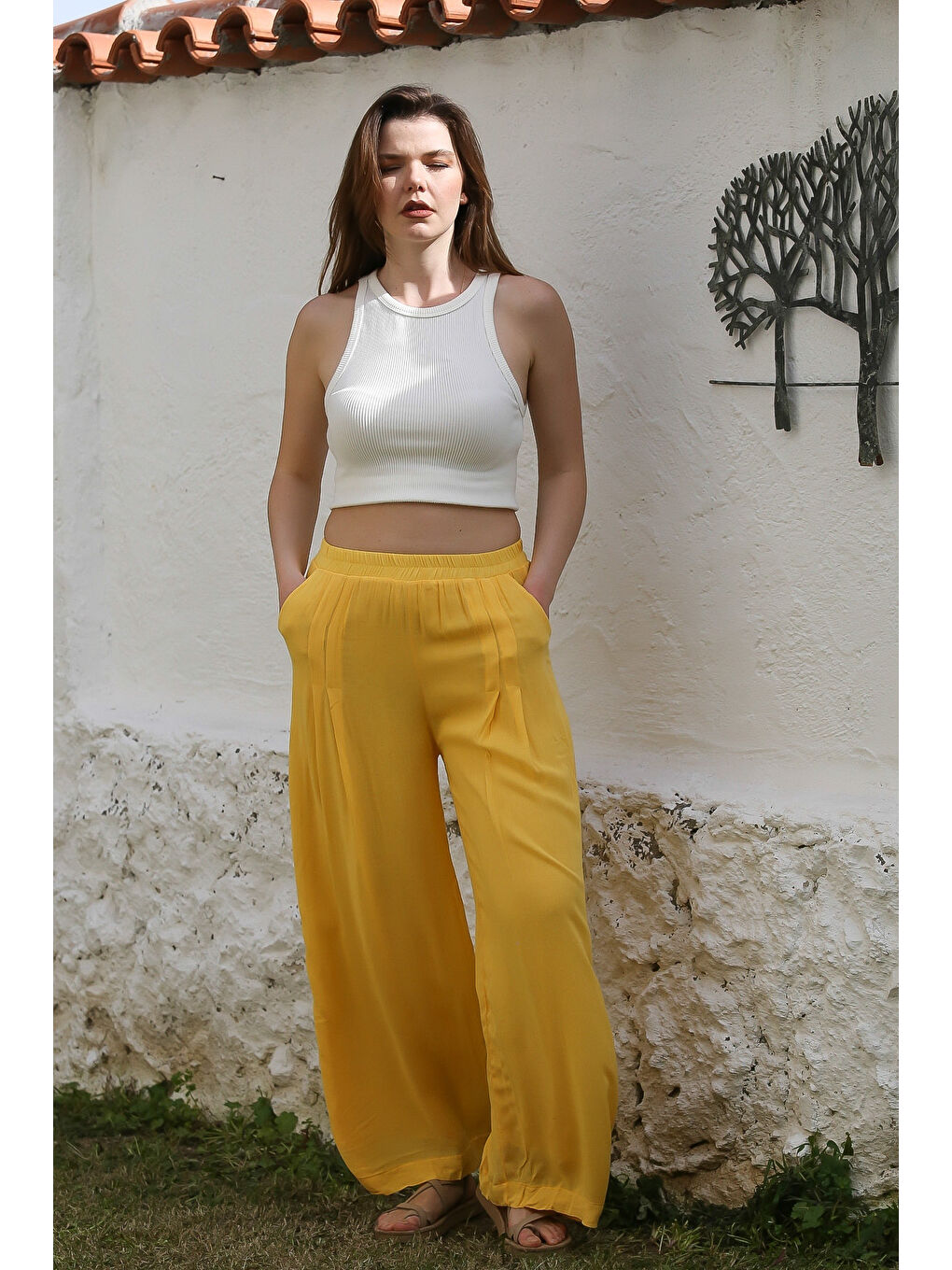 Sarı Cepli İnce Astarlı Çift Katlı Pileli Lastikli Bel Casual Dokuma Pantolon 108 60-5