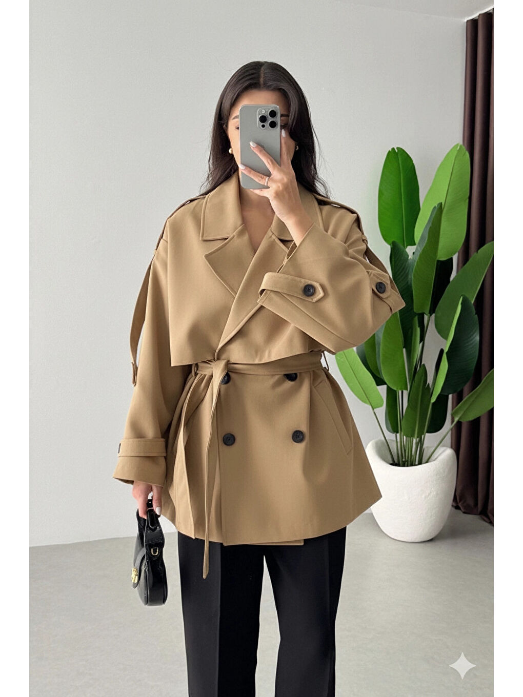 Sarı Kadın Camel Premium Midi Boy Astarlı Kaşe Kaban HZL25W-BD191571