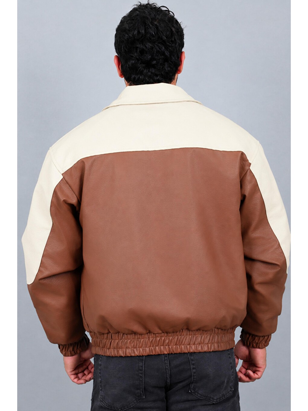 Kahverengi Baskılı Çift Renk Oversize Suni Deri Mont Kmd 882_50531-6