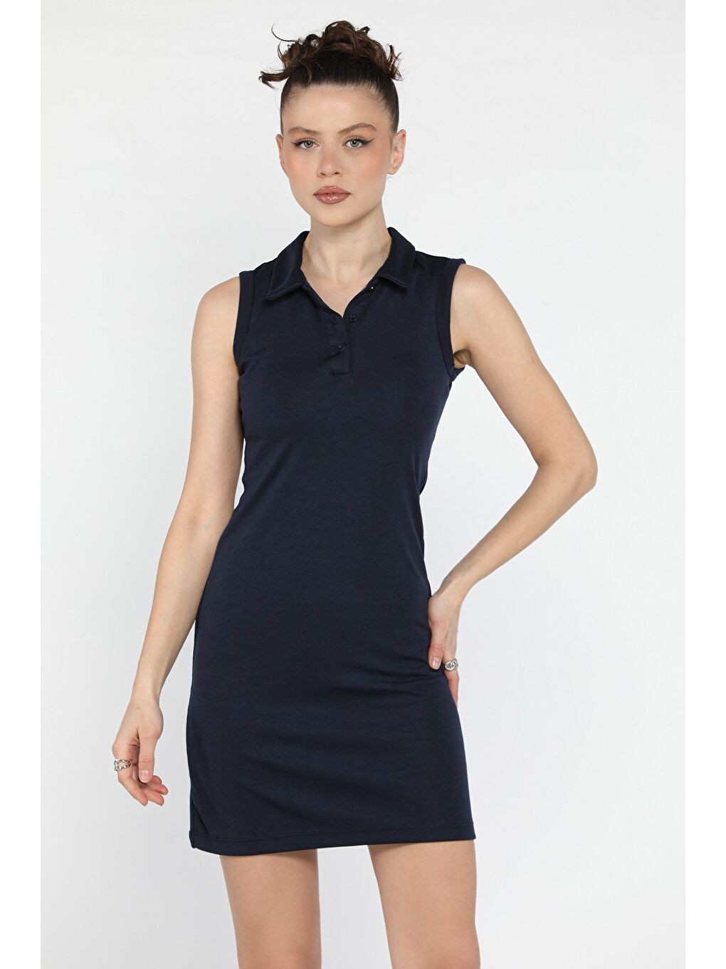 Lacivert Kadın Polo Yaka Elastanlı Elbise-1