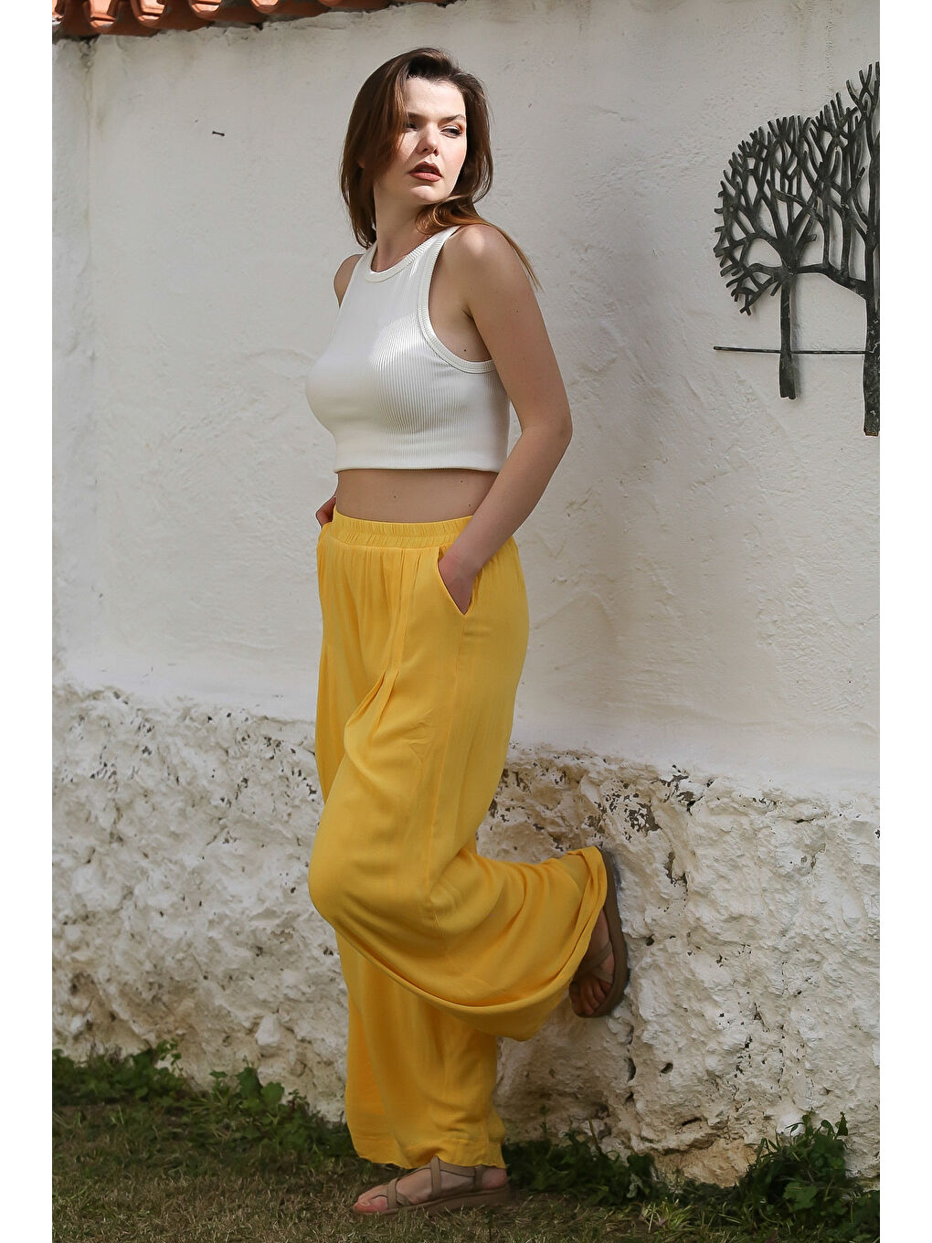 Sarı Cepli İnce Astarlı Çift Katlı Pileli Lastikli Bel Casual Dokuma Pantolon 108 60-6