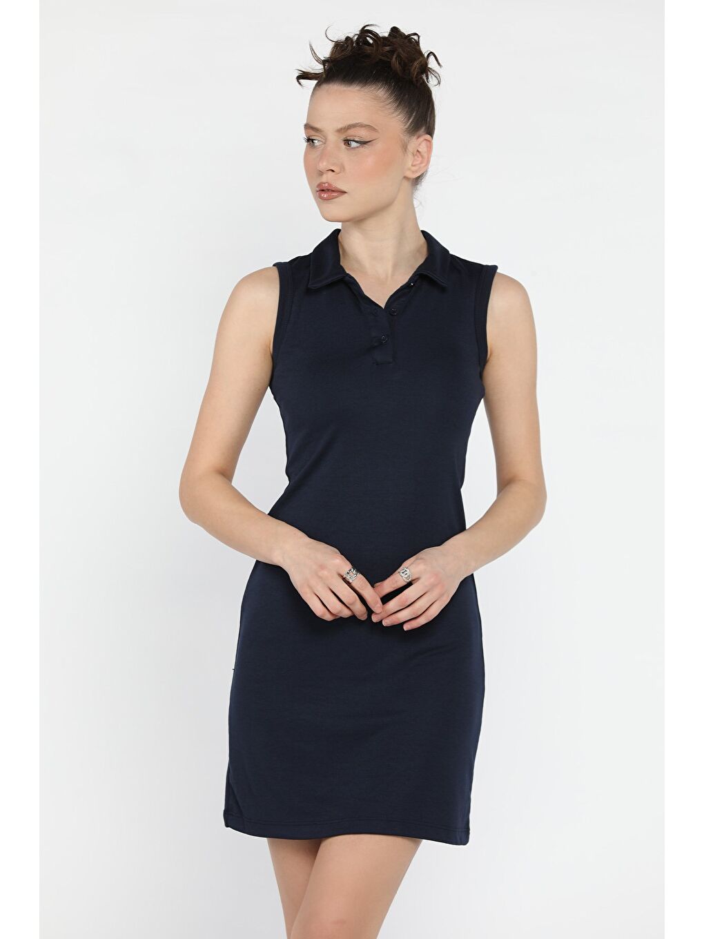 Lacivert Kadın Polo Yaka Elastanlı Elbise-2