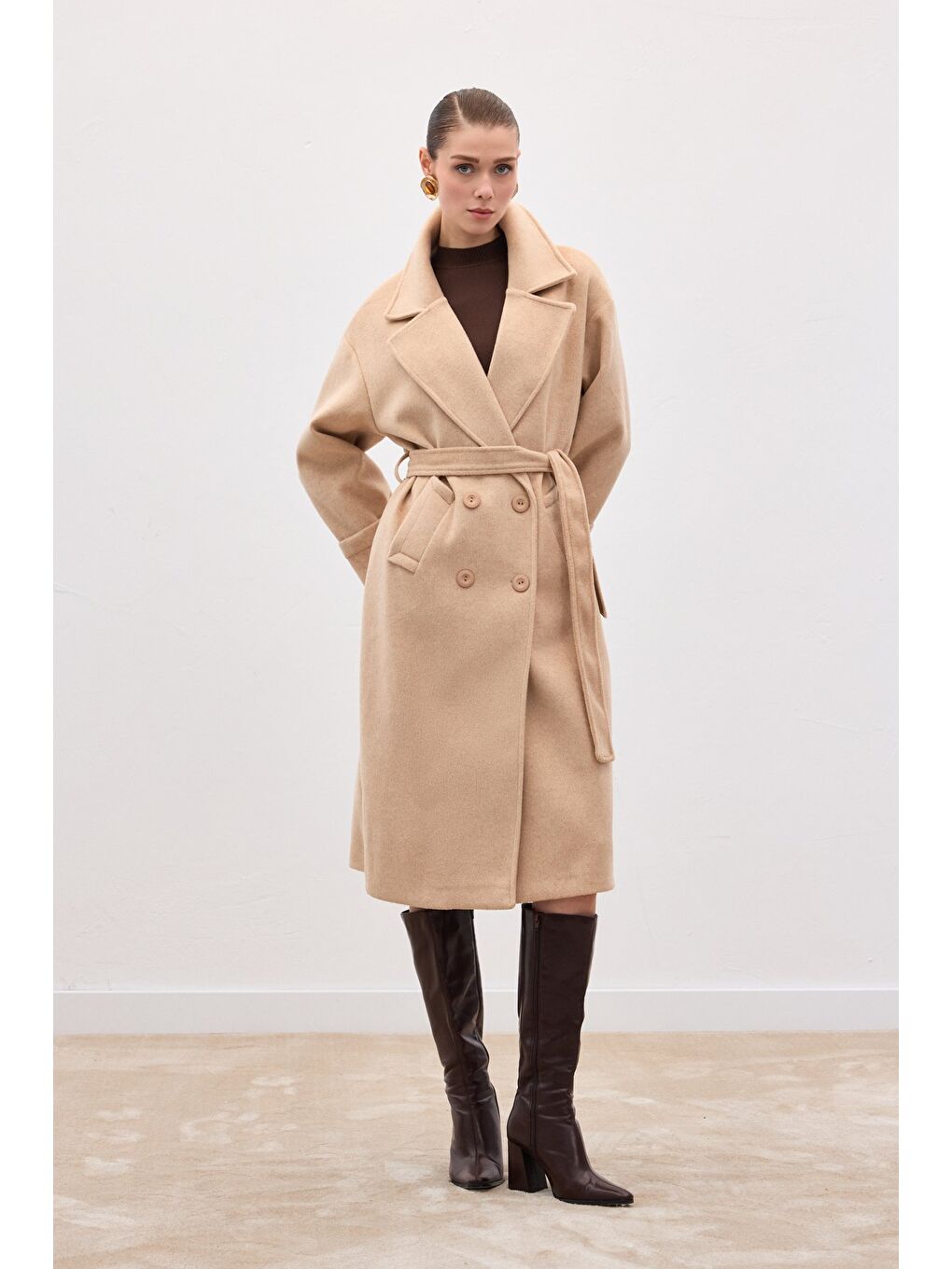 Beli Bağlamalı Uzun Kaban - Bej-1