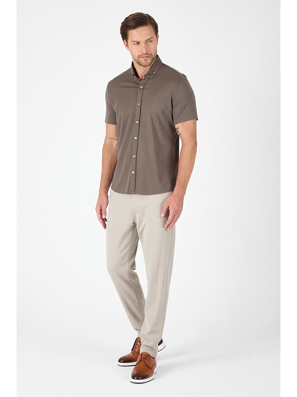 Koyu Haki Kısa Kol Düğmeli Yaka Cepsiz Performans Ürün Slim Fit Büyük Beden Gömlek 1004250256-3