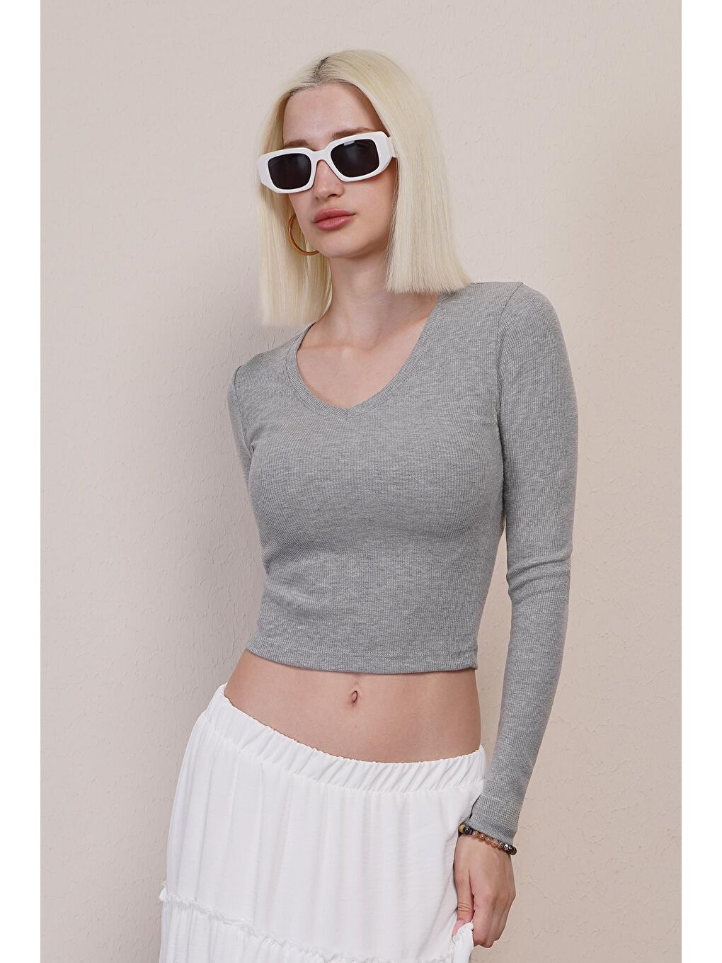 Gri V Yaka Uzun Kollu Kaşkorse Body Mg2192-5