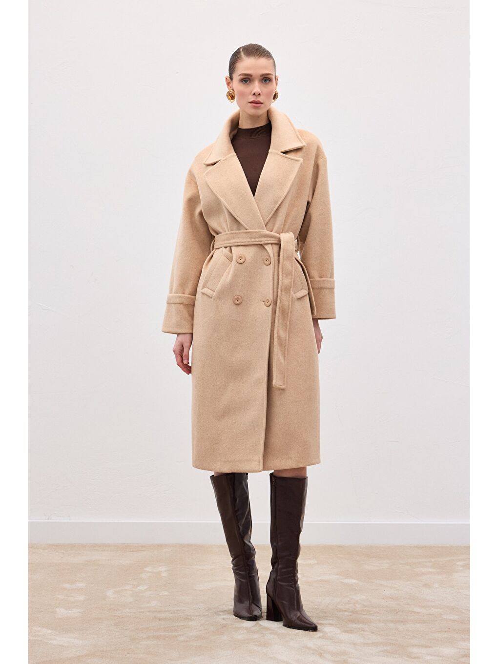 Beli Bağlamalı Uzun Kaban - Bej-2