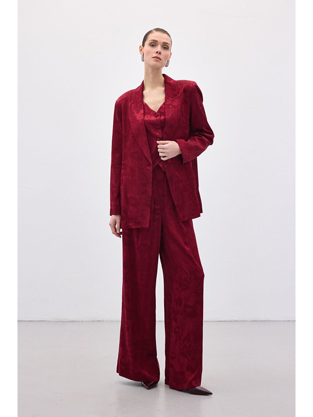 Jakarlı Bol Pantolon - Bordo-2