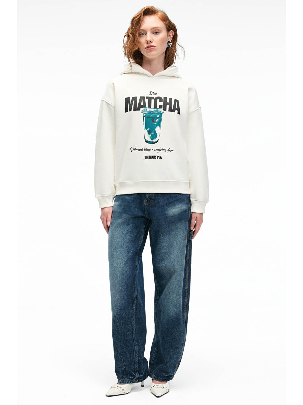 Yanmesa Kadın Oversize Baskı Ve Nakış Detaylı Uzun Kollu Kapüşonlu Beyaz Sweatshirt