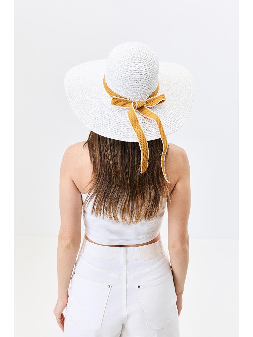 Geniş Kenar Hasır Plaj Şapkası Y25730-04 Beyaz-2