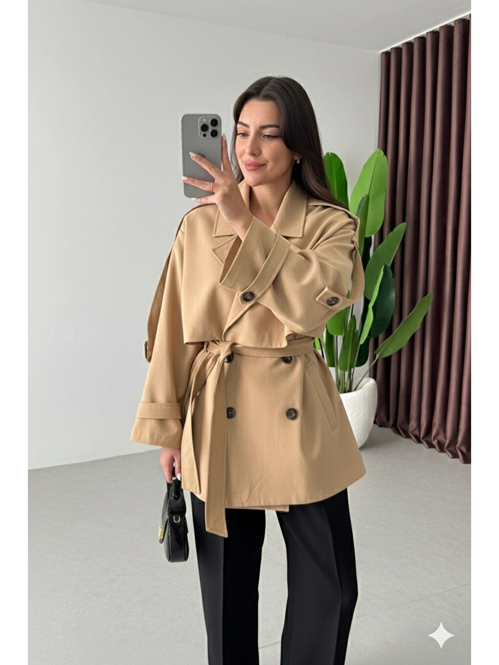 Sarı Kadın Camel Premium Midi Boy Astarlı Kaşe Kaban HZL25W-BD191571-2