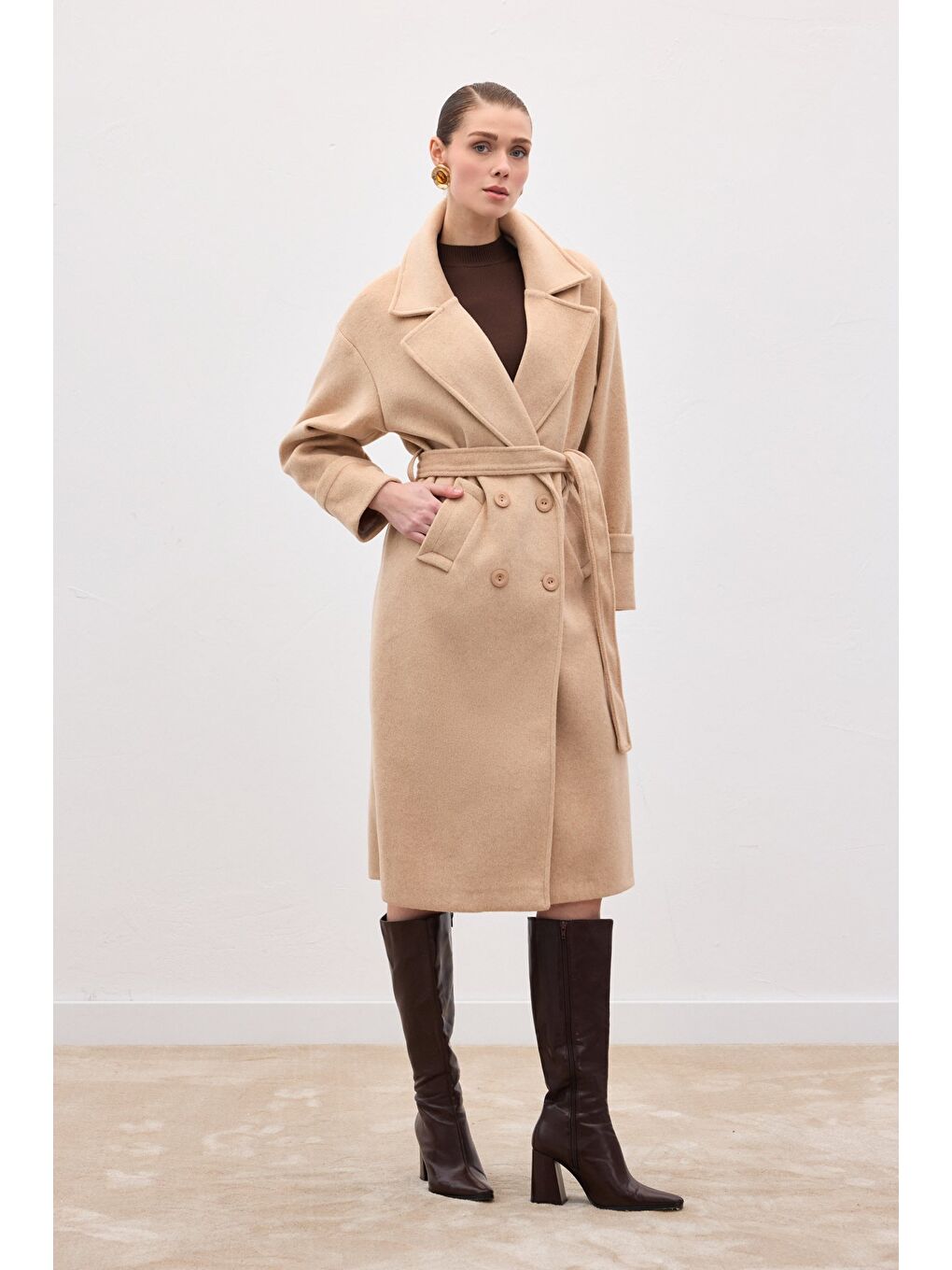 Beli Bağlamalı Uzun Kaban - Bej-3